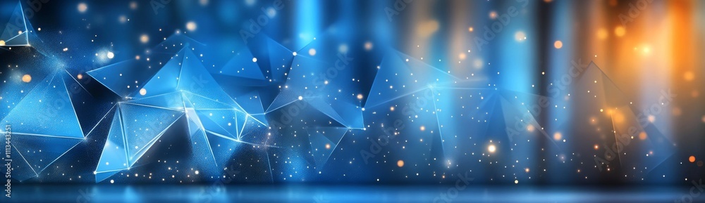 Poster abstract dark blue geometric network with floating white dots: futuristic technological landscape in