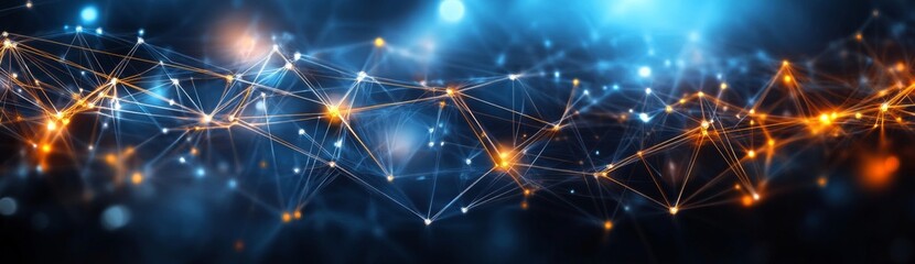Fototapeta premium Abstract digital art: interconnected lines and dots forming futuristic network on dark blue background with yellow accents