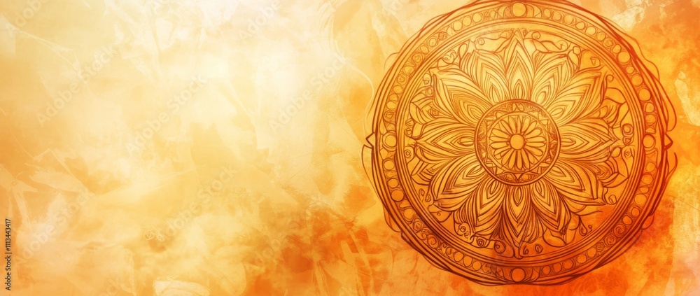 Poster abstract warm colored textured grungy background with mandala design in symmetrical pattern, orange 