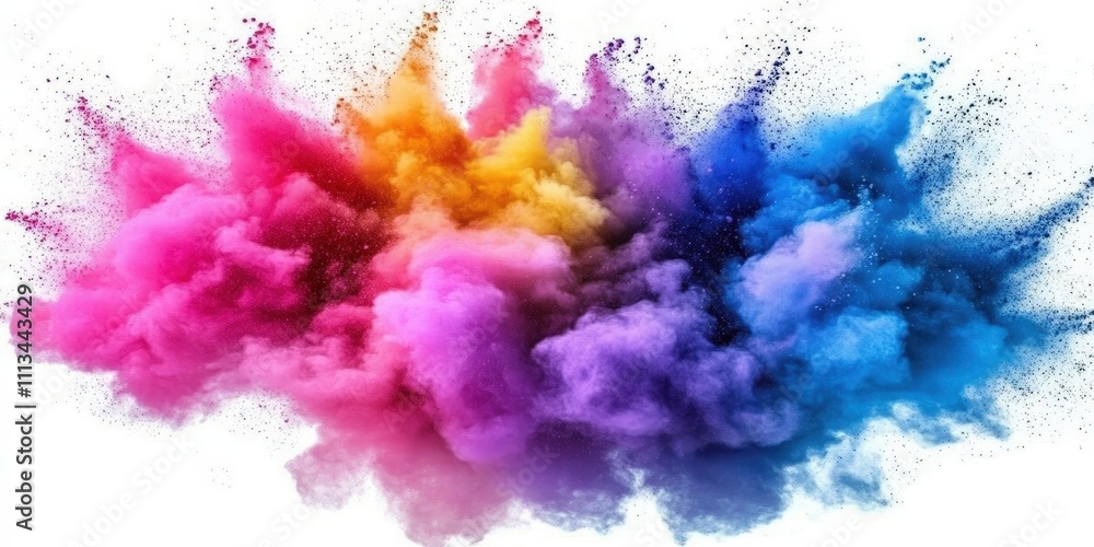 Poster vibrant colorful powder explosion creating chaos on a white background captured in an artistic style