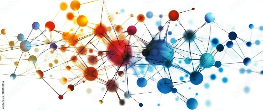 Poster abstract digital art with colorful interconnected lines, dots, and network-like patterns on a white 