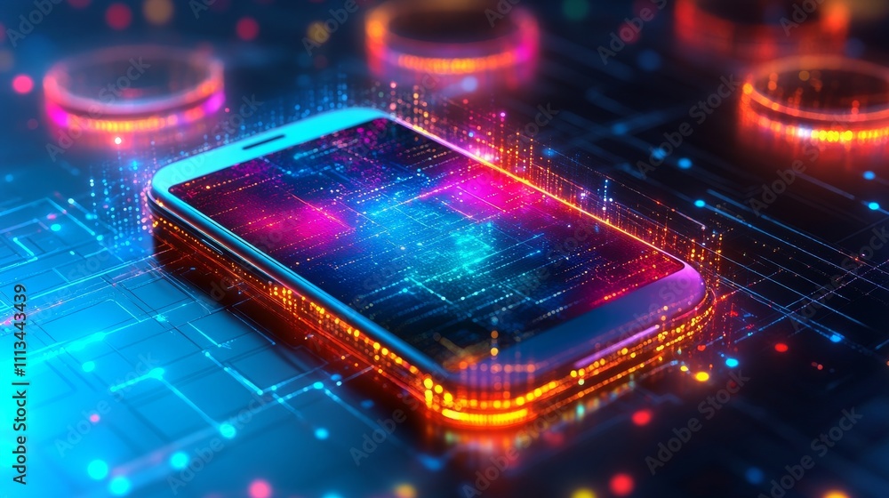 Poster smartphone displaying holographic smart home interface in a futuristic setting