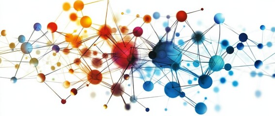 Abstract digital art with colorful interconnected lines, dots, and network-like patterns on a white background