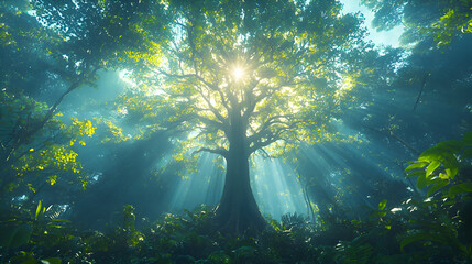 Obraz premium Sunlight Filtering Through Leaves in a Tranquil Forest Environment