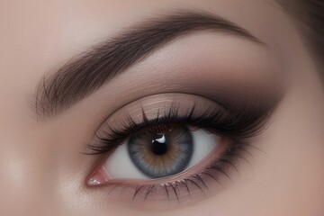Obraz premium Eye makeup with eyeshadow and arrow. Beautiful macro shot of female eye make-up. Blue eye. Creative fashion make-up. Perfect shape of eyebrow. Cosmetics.