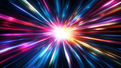 Fototapeta premium Vibrant Burst of Colorful Lines on Black Background with Pink Starburst Center - Abstract Digital Art Concept