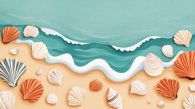 Beach Wedding Card Design Featuring Seashells and Ocean Waves in a Seaside Themed Illustration for Celebratory Invitations and Announcements