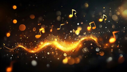 Abstract digital art with a dark background, featuring a golden wave with musical notes and floating orange circles