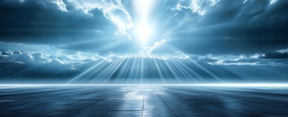 Fototapeta premium Awe-Inspiring Vast Landscape: Bright Blue Sky and Dramatic Rays of Light Creating Depth and Dimension, Moody Color Scheme