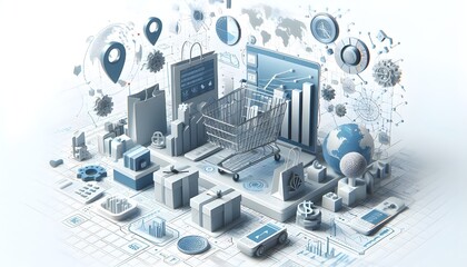 3D rendering of online shopping and data analysis elements on white background. Concept of technology, commerce, and analytics