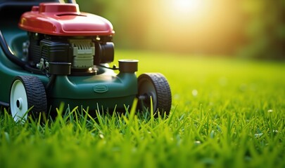 Fototapeta premium A close-up of a lawnmower on lush green grass, capturing the essence of gardening and lawn care in a serene outdoor setting.