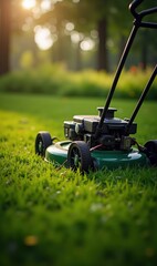 A close-up of a lawn mower cutting fresh green grass in a beautifully lit garden, perfect for landscaping and outdoor maintenance themes.