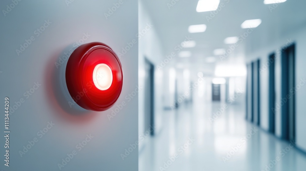 Poster a red button is on a wall in a hallway