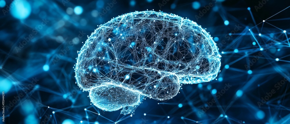 Poster futuristic digital illustration of a human brain network with interconnected lines and dots on a dar