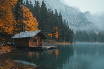 Fototapeta premium Wooden cabin by tranquil lake in autumn. Perfect for travel, nature, or serenity themes.