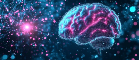 Naklejka premium Digital illustration of a human brain with futuristic network pattern and glowing pink light in blue, pink, and purple