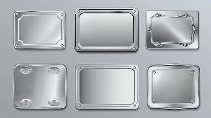Steel metal tag plate with borders and rivets. Realistic vector set of blank aluminum nameplates or boards with space for text. Silver empty plaque or frame mockup with chrome texture surface.