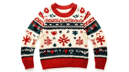 Fair isle Christmas sweater, red, green, cream snowflake pattern, long sleeve, winter apparel.