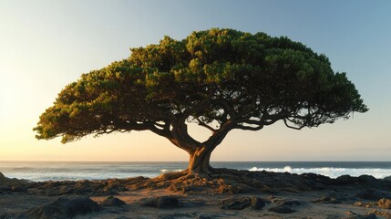 Solitary tree on rocky coast at sunset.