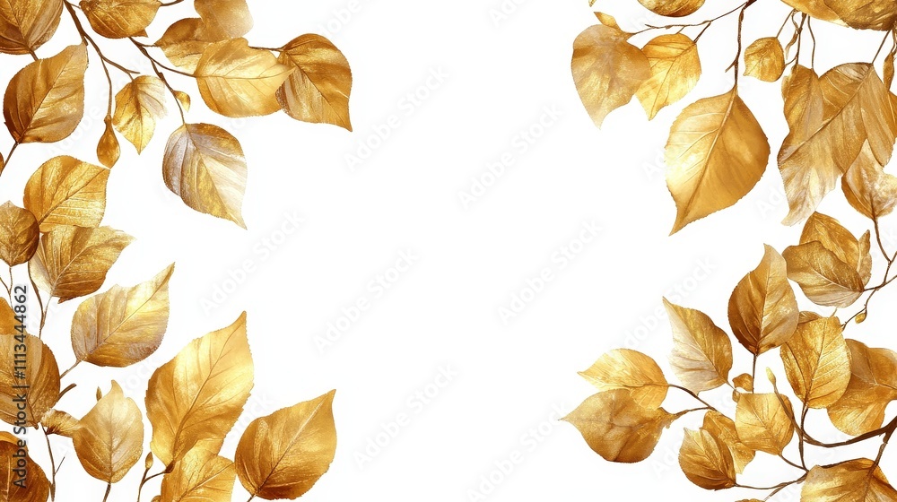 Poster elegant golden leaves framed on a white background creating a serene and calming atmosphere in a cha