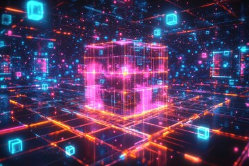 Obraz premium Futuristic Cityscape with Colorful Cube Square in 3D Rendering