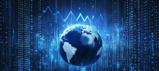 Fototapeta premium Globe Surrounded by Network Lines, Arrows Pointing Upwards, Binary Code Background - Data Analysis Concept in Blue and Black