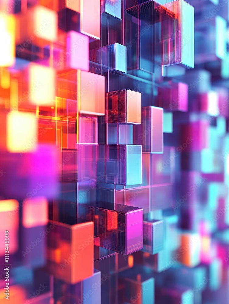 Poster abstract colorful blurry pixel blocks background. bg and technology, digital world concept. 3d rende