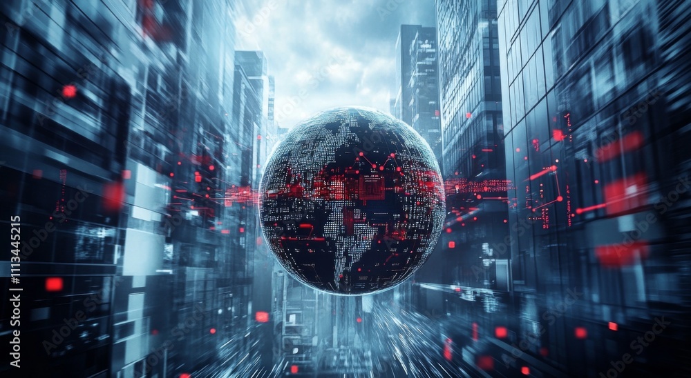 Poster futuristic cityscape with tall buildings framing a large globe surrounded by data lines and network 