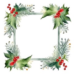 Fototapeta premium Watercolor Holly Frame with Red Berries