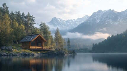 Fototapeta premium Wooden cabin by a serene lake, nestled amongst majestic mountains. Ideal for travel, nature, and peaceful living concepts.