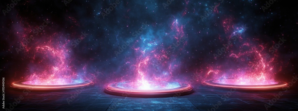 Poster futuristic portal scene with glowing circular portals and swirling galaxies in cosmic background