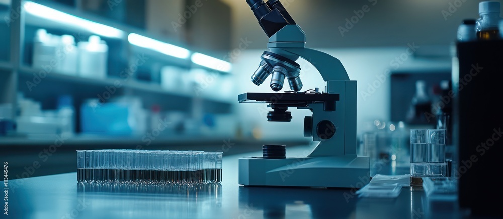 Poster a close up of a microscope in a laboratory setting with test tubes, beakers, and other lab equipment