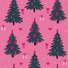 Seamless pattern with Christmas trees decorated with balls and bows. Vector graphics.