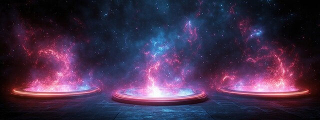 Futuristic Portal Scene with Glowing Circular Portals and Swirling Galaxies in Cosmic Background