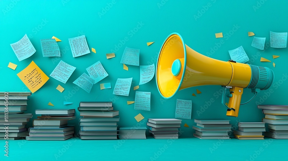 Poster megaphone surrounded by floating books and papers representing amplification of knowledge in the dig