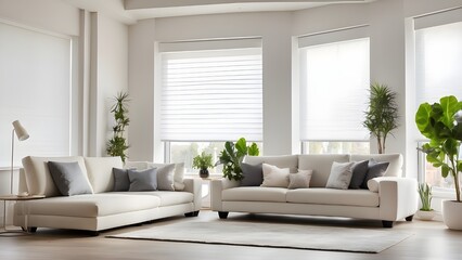 The living room has interior roller blinds installed, with white roller shades on the windows. Additionally, there is a sofa and a houseplant in the same room.