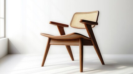 Fototapeta premium Minimalistic Scandinavian Wooden Chair with Woven Cane Backrest and Seat Isolated on White Background