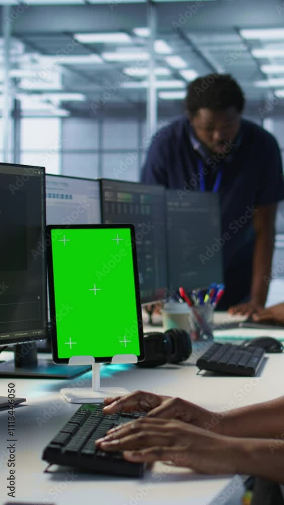 Poster vertical video admin using isolated screen tablet, working in server farm to optimize it for data pr
