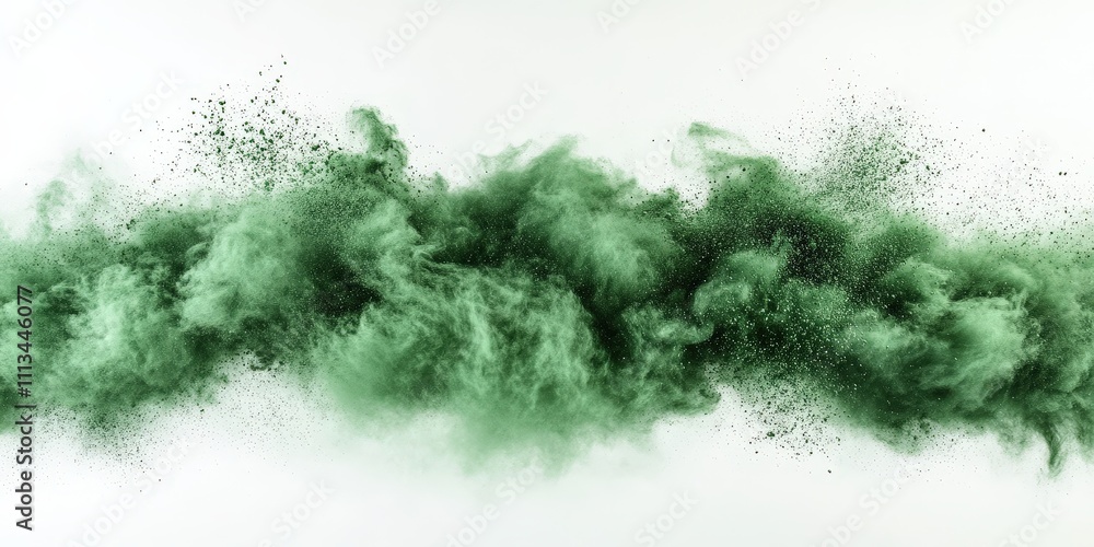 Poster green powder explosion on a white background creating chaotic effects with splashes and particles in