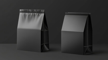 Realistic set of black paper bag and box isolated on transparent background. Vector illustration of open and closed craft package mockup for takeaway food, lunch, snack packaging, meal container