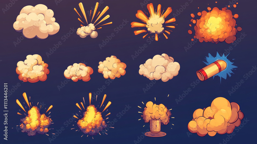 Aufkleber cartoon bomb explosion set. clouds, boom effect and smoke elements for ui game design. dynamite dang