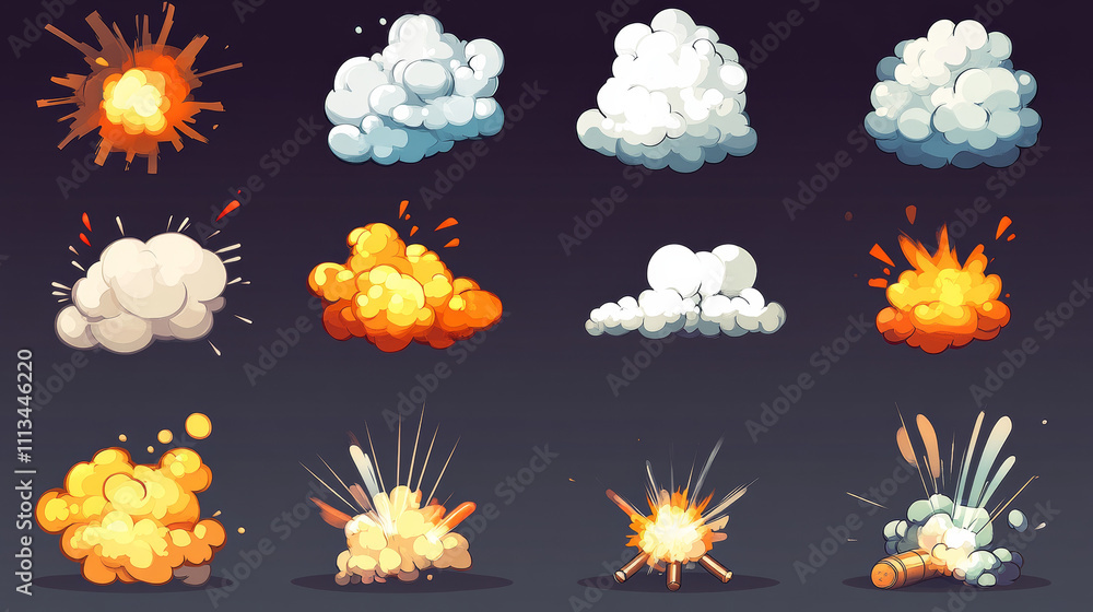 Poster cartoon bomb explosion set. clouds, boom effect and smoke elements for ui game design. dynamite dang