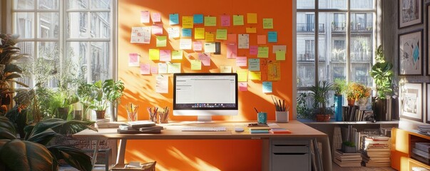 A creative workspace with corkboards and colorful post-its, staying organized