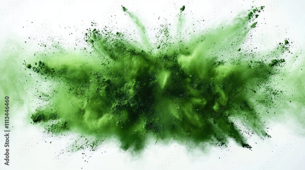 Poster green powder explosion vibrant abstract art splat background dynamic motion high contrast white isol