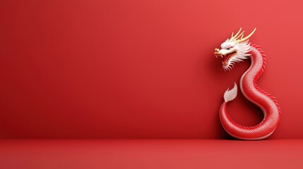 A red dragon with a gold head and a red tail is standing in front of a red wall