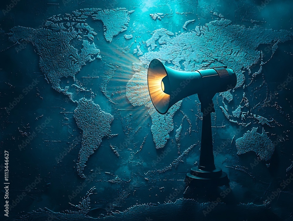 Poster megaphone casting rays of light onto a global world map symbolizing powerful communication s reach a