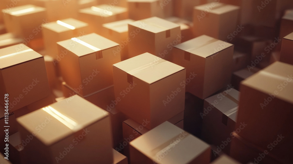 Poster cardboard boxes in piles for delivery and storage of goods. 3d render vector illustration set of bro