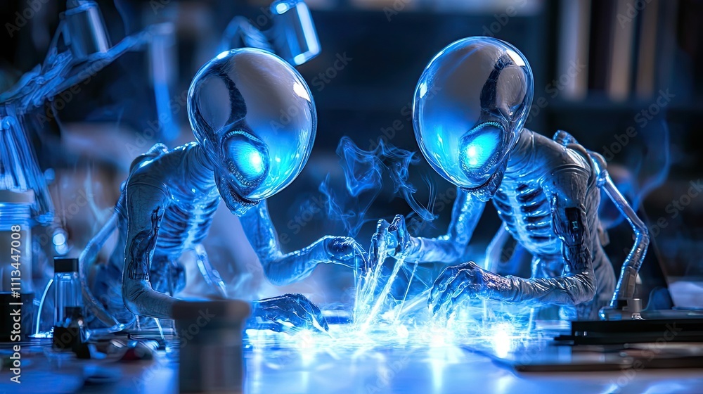 Poster two alien scientists conduct experiments in a laboratory