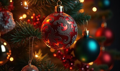 Festively decorated Christmas tree with colorful ornaments, capturing the warmth and joy of the holiday season, perfect for seasonal marketing or greeting card designs.