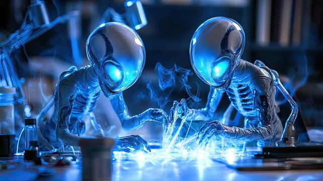 Two Alien Scientists Conduct Experiments In A Laboratory